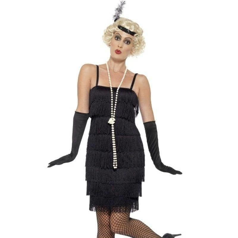 1920s Flapper Costume Delighted Girl Adult Black Short Cocktail Dress Headband Gloves 2