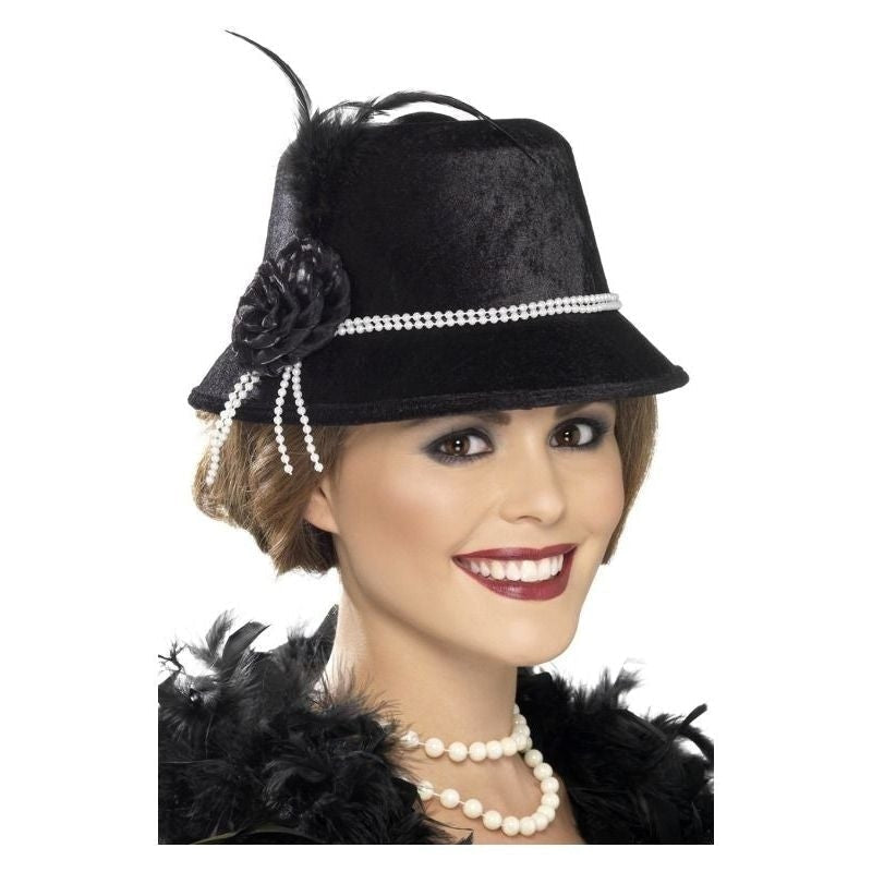 1920s Hat Black Silver Beads Black Feather Black Flower Adult Razzle Costume Accessory 1