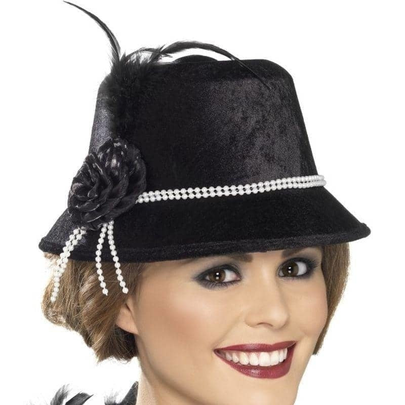 1920s Hat Black Silver Beads Black Feather Black Flower Adult Razzle Costume Accessory 2