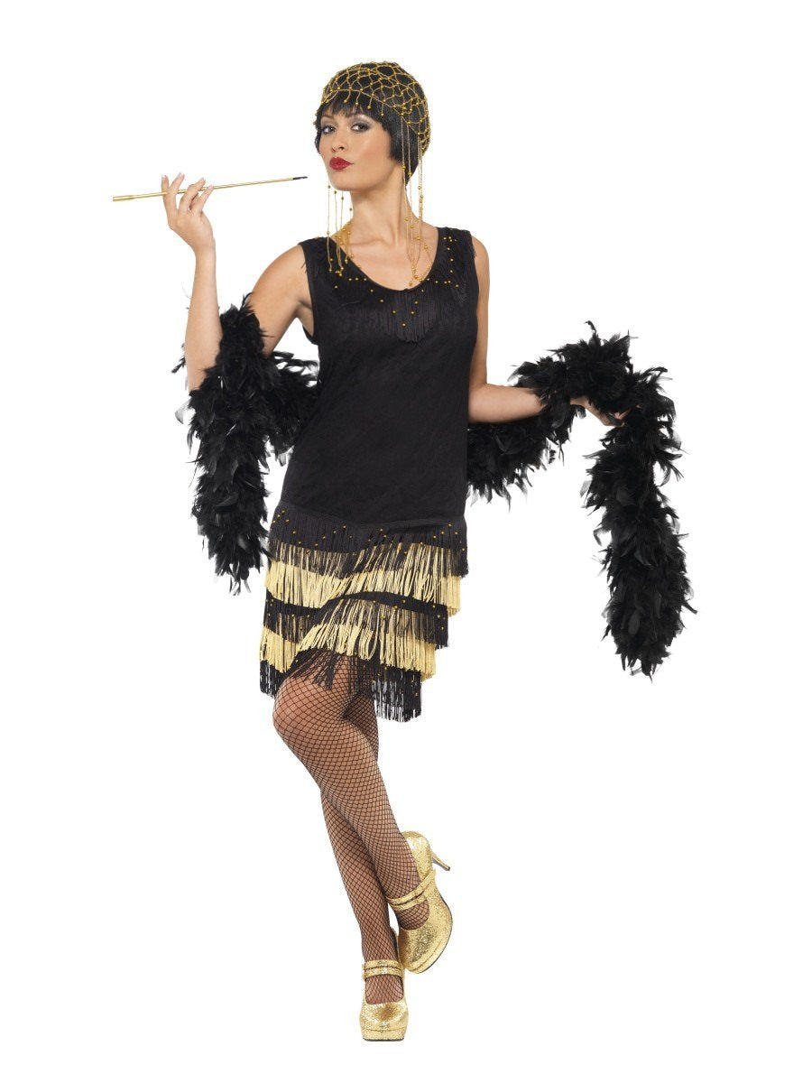 20s Fringed Flapper Costume Black Beaded Lace Front Dress