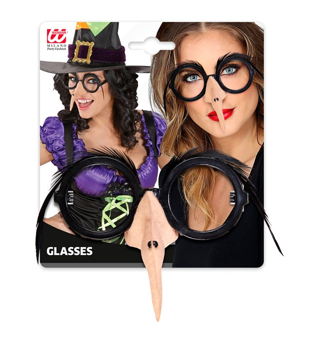 Glasses With Witch Nose & Black Feather Eyebrows