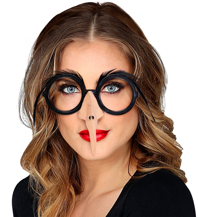 Glasses With Witch Nose & Black Feather Eyebrows