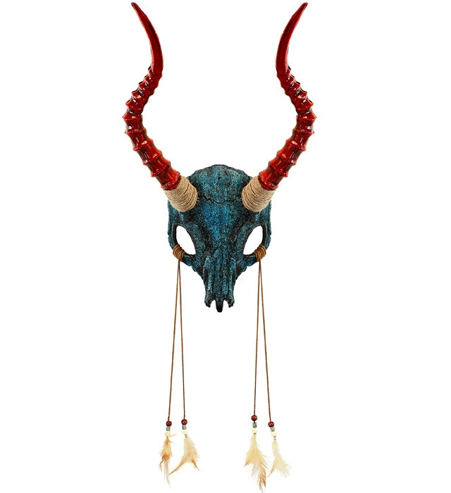 Mask Shaman Bull Skull With Horns And Feathers