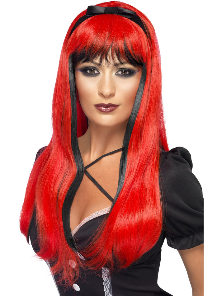 Bewitching Wig Adult Red Black Long with Fringe and Bow 1