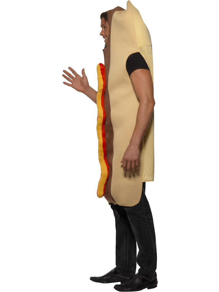 Giant Hot Dog Costume Adult Brown Bodysuit with Ketchup Effect Front 2