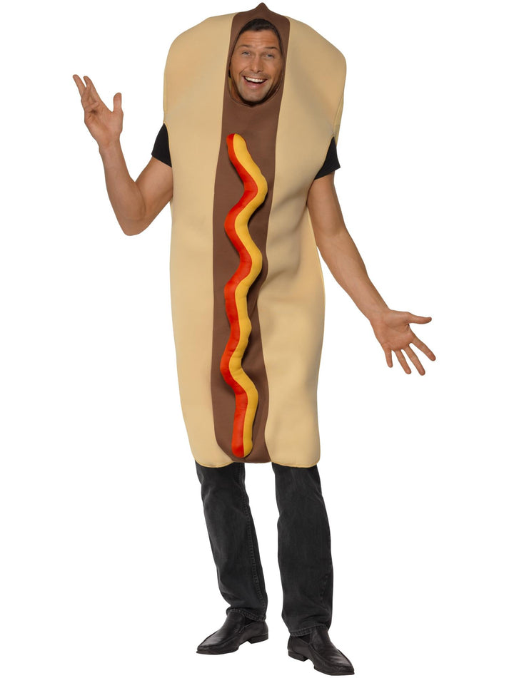 Giant Hot Dog Costume Adult Brown Bodysuit with Ketchup Effect Front 1