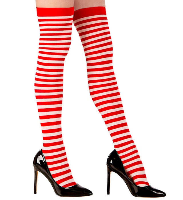 White-Red Striped Thigh Highs 70 Den