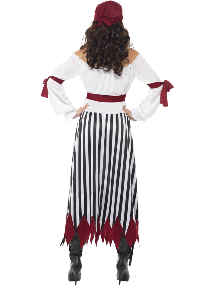 Pirate Lady Adult Costume Elizabeth Swann Black and White Dress Red Arm Ties Belt and Headpiece 4