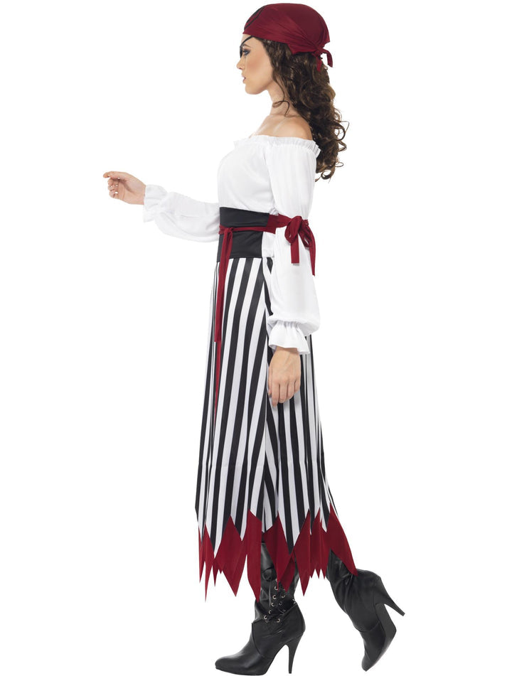 Pirate Lady Adult Costume Elizabeth Swann Black and White Dress Red Arm Ties Belt and Headpiece 3