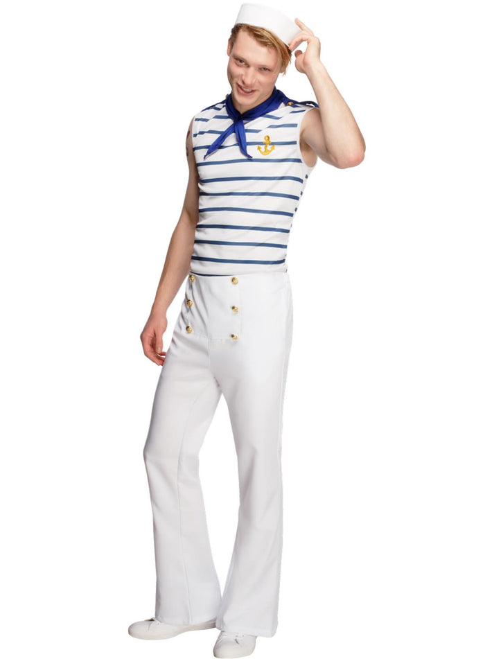 Fever Male French Sailor Costume Adult White Blue Top White Trousers and Blue Neck Scarf 1