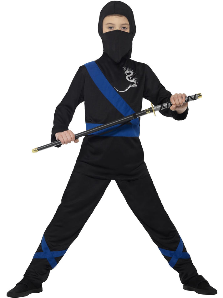 Ninja Assassin Costume Kids Black Blue Top and Trousers Black Hood and Mask 1