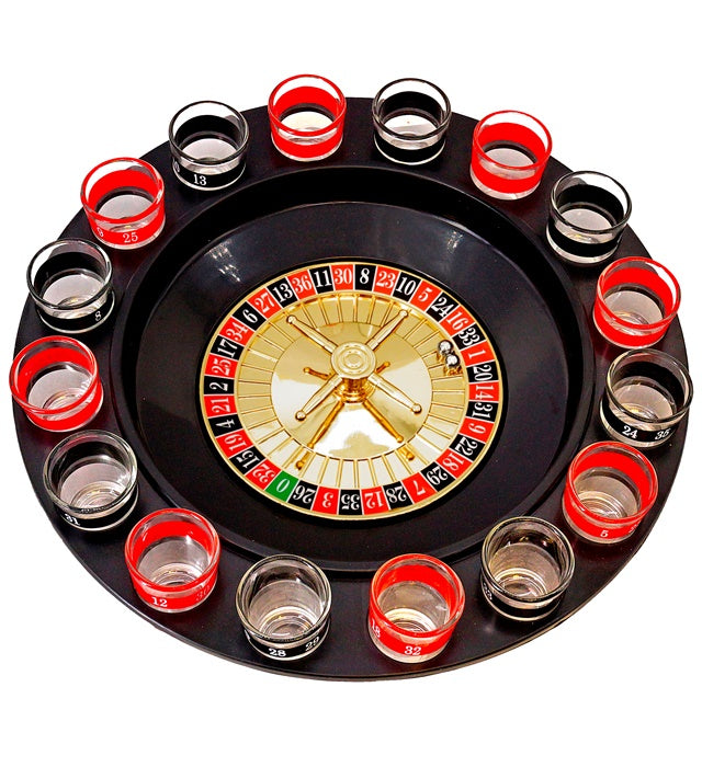 “Drinking Game Roulette Set”  Roulette Wheel, 16 Shot Glasses, 2 Steel Balls 