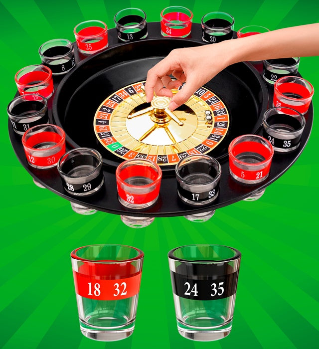 “Drinking Game Roulette Set”  Roulette Wheel, 16 Shot Glasses, 2 Steel Balls 