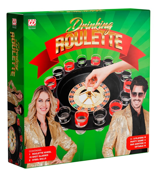 “Drinking Game Roulette Set”  Roulette Wheel, 16 Shot Glasses, 2 Steel Balls 