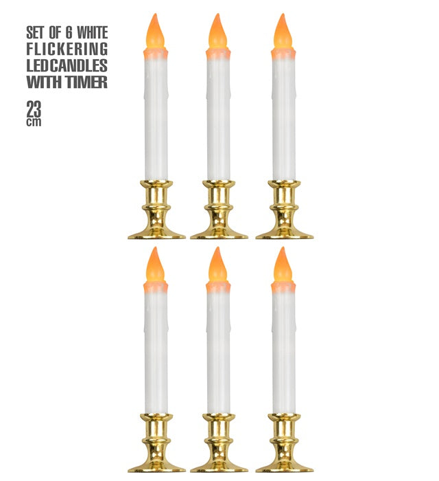 Set Of 6 White Flickering Led Candles With Timer 23 Cm