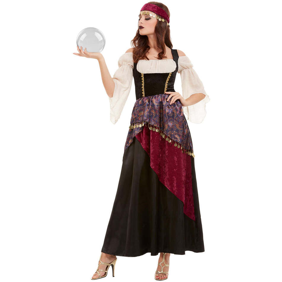 Deluxe Fortune Teller Costume Adult Black Dress With Corset Style Bodice And Attached Cream Mock Shirt 1