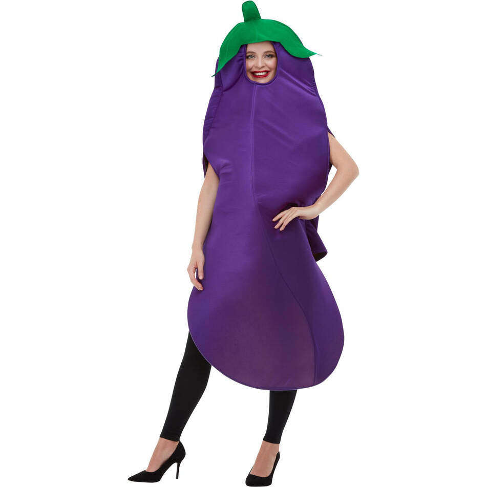Aubergine Costume Adult Purple Hooded Tabard with attached Green Stork 1