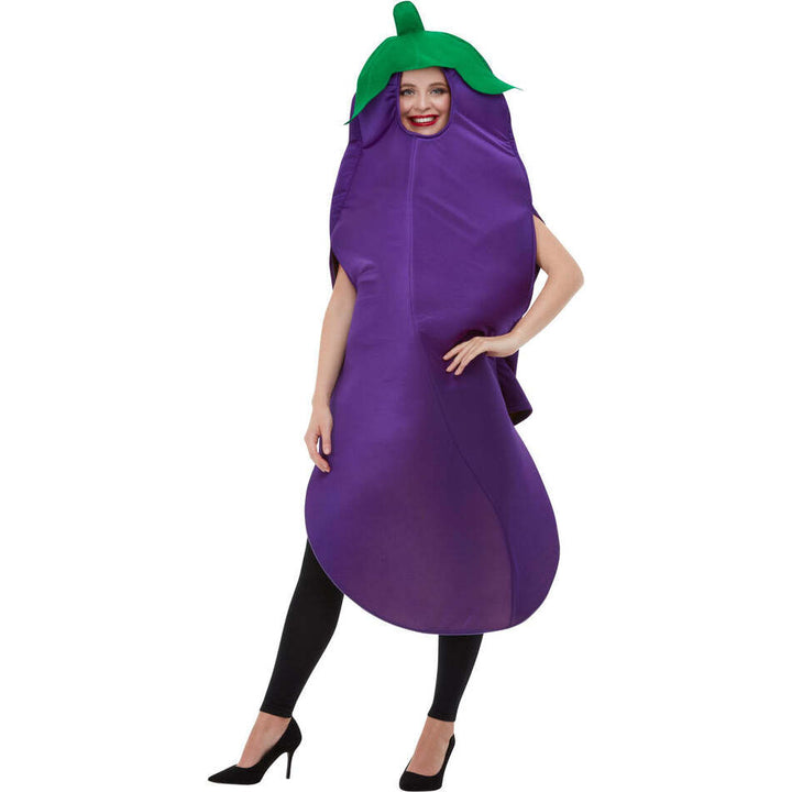 Aubergine Costume Adult Purple Hooded Tabard with attached Green Stork 1