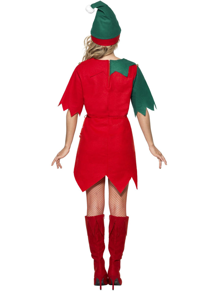 Elf Costume Ladies Red Green Drawstring Waist Tunic With Bells And Hat.