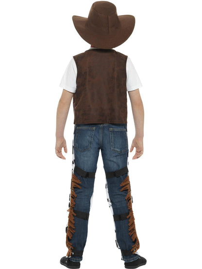 Texan Cowboy Costume Kids Brown Hat Red Neck Tie Brown Waistcoat Badge and Chaps 3