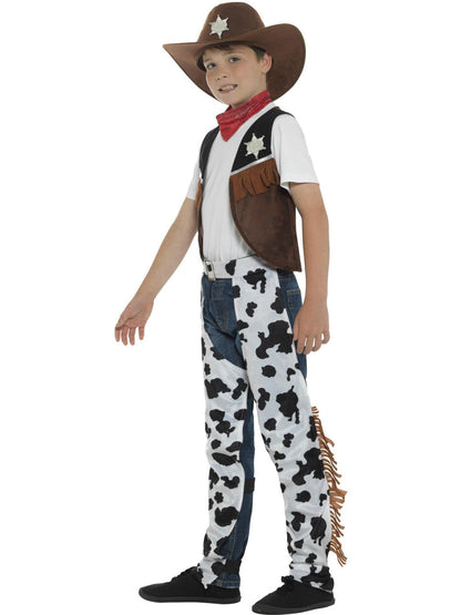 Texan Cowboy Costume Kids Brown Hat Red Neck Tie Brown Waistcoat Badge and Chaps 2