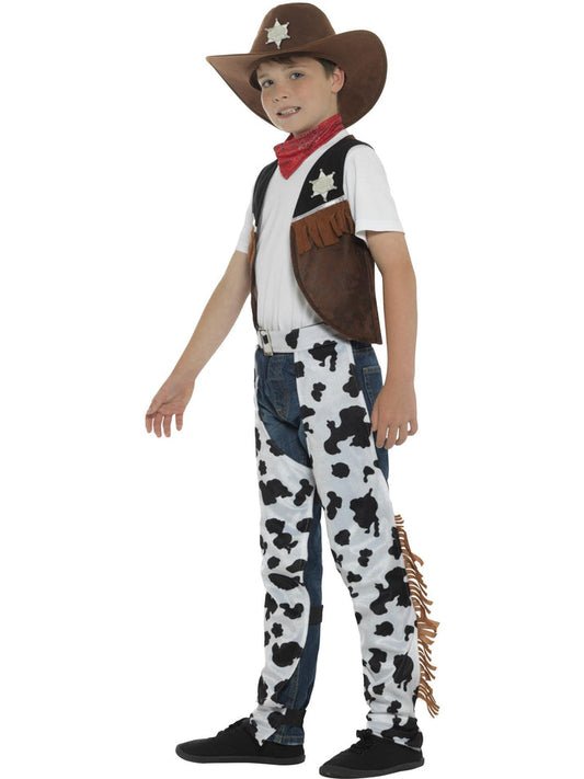 Texan Cowboy Costume Kids Brown Hat Red Neck Tie Brown Waistcoat Badge and Chaps 2
