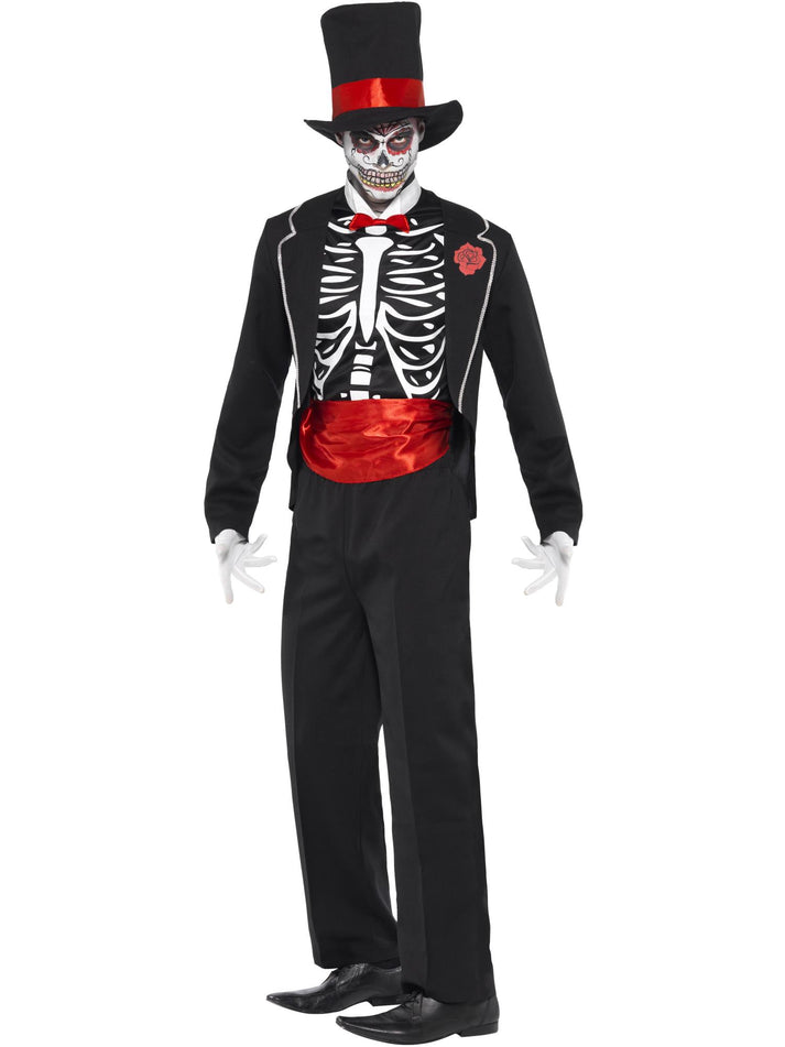 Mens Day Of The Dead Costume Suit Black Jacket Mock Shirt Trousers Front Hat Gloves