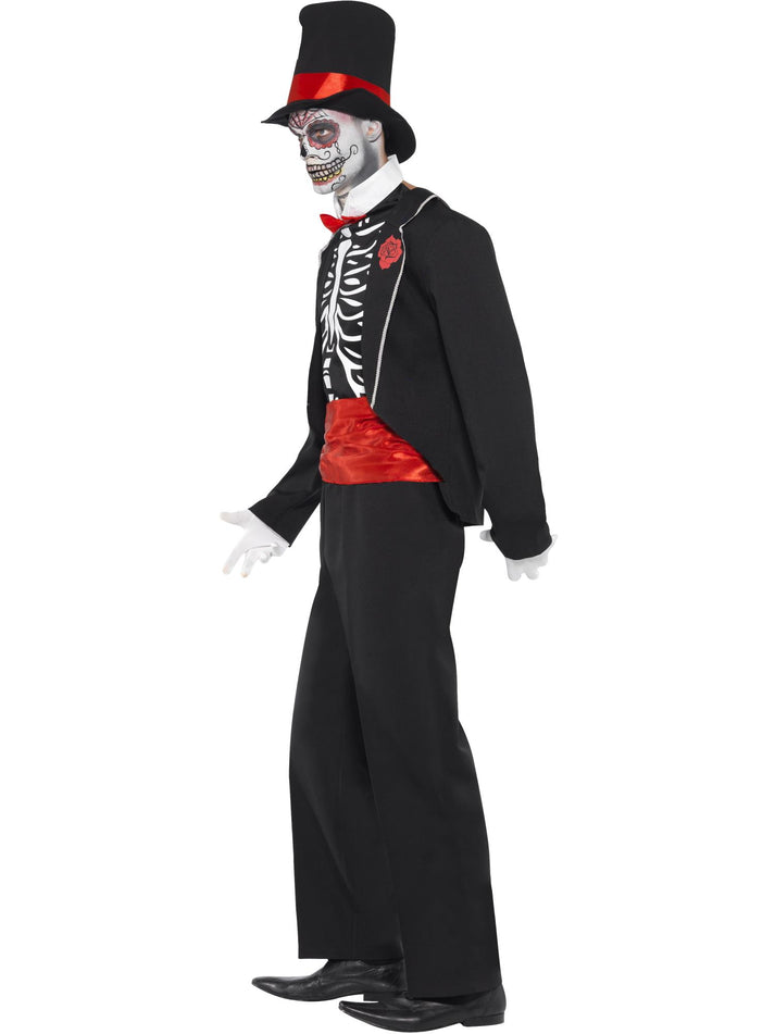 Mens Day Of The Dead Costume Black Jacket Mock Shirt Front Hat Gloves