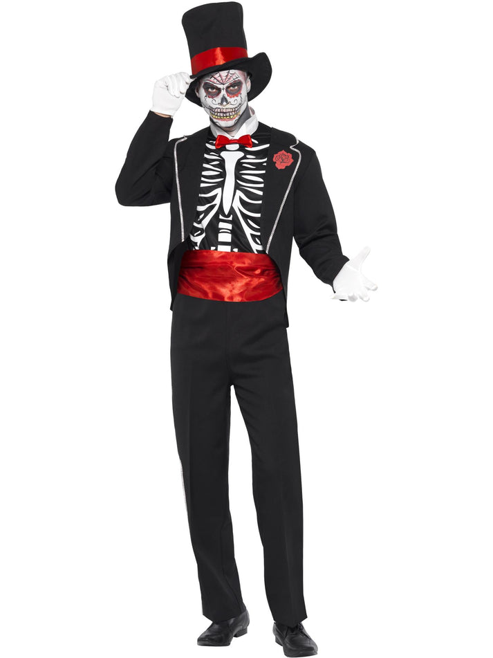 Mens Day Of The Dead Costume Black Jacket Mock Shirt Front Hat Gloves
