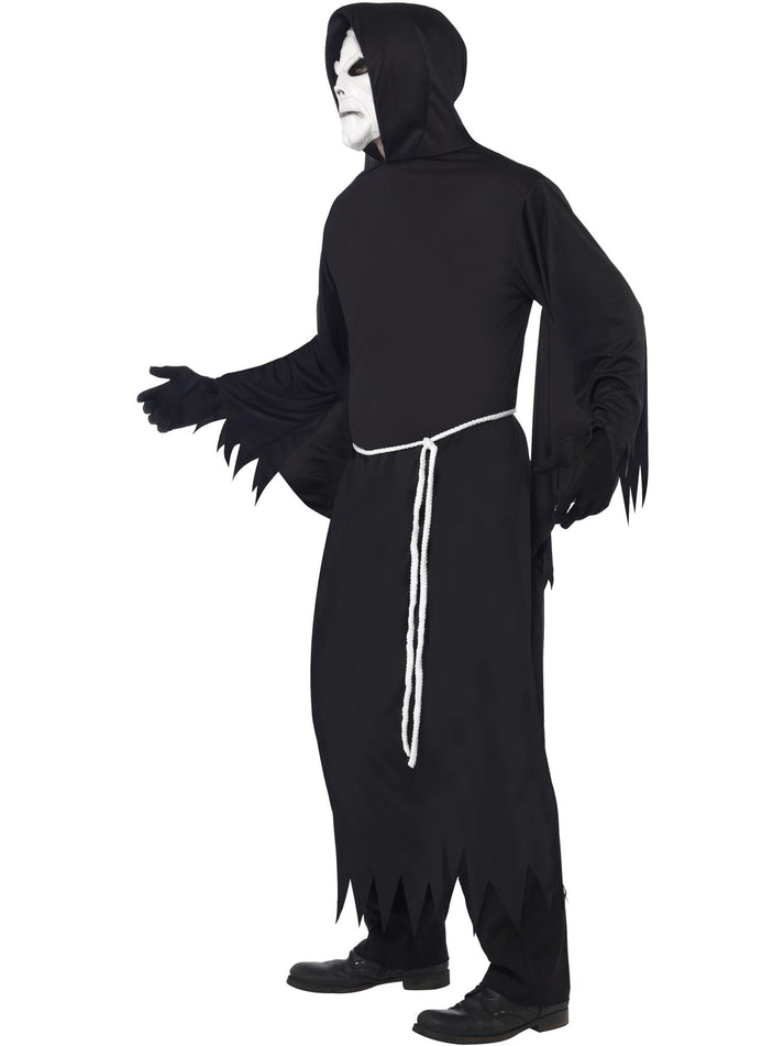 Grim Reaper Costume Adult Black Hooded Robe White Mask and Belt 2