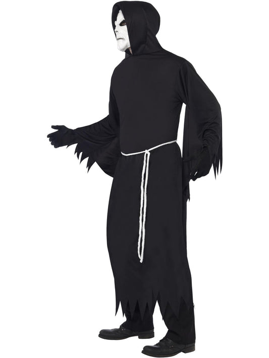Grim Reaper Costume Adult Black Hooded Robe White Mask and Belt 2