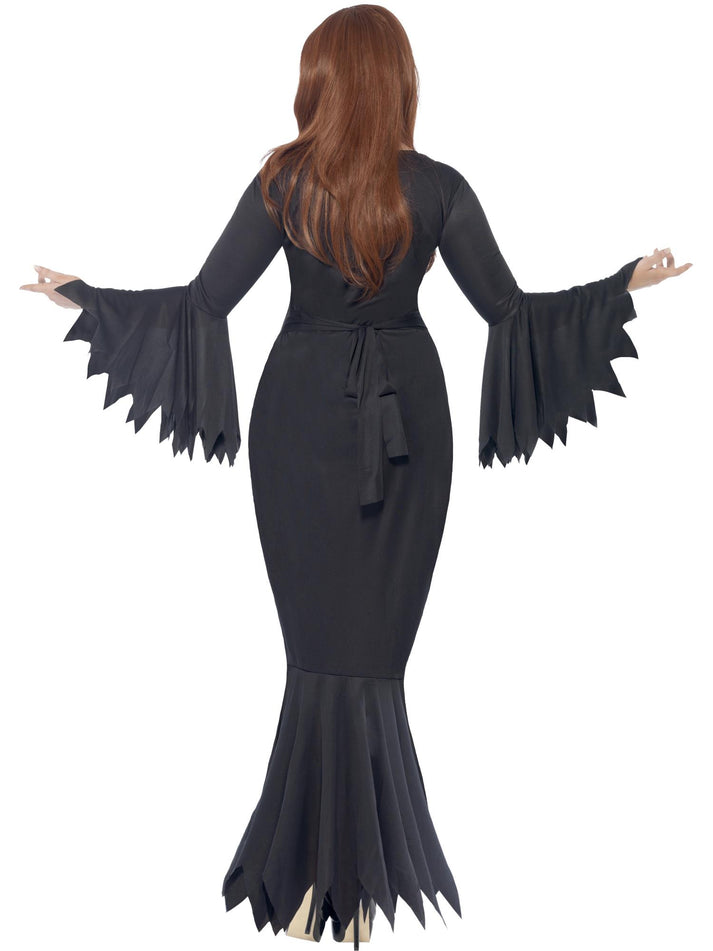 Midnight Vamp Costume Adult Long Black Dress With Ragged Sleeves And Bottom Trim