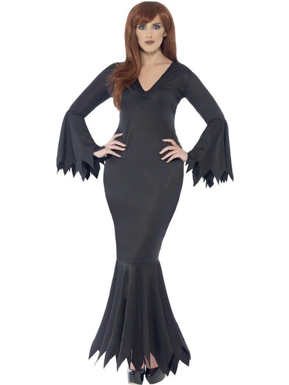 Midnight Vamp Costume Ladies Long Black Dress with Ragged Sleeves and Bottom Trim 5