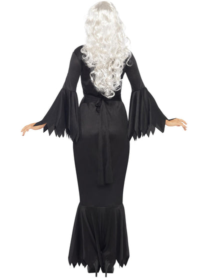 Midnight Vamp Costume Ladies Long Black Dress with Ragged Sleeves and Bottom Trim 4