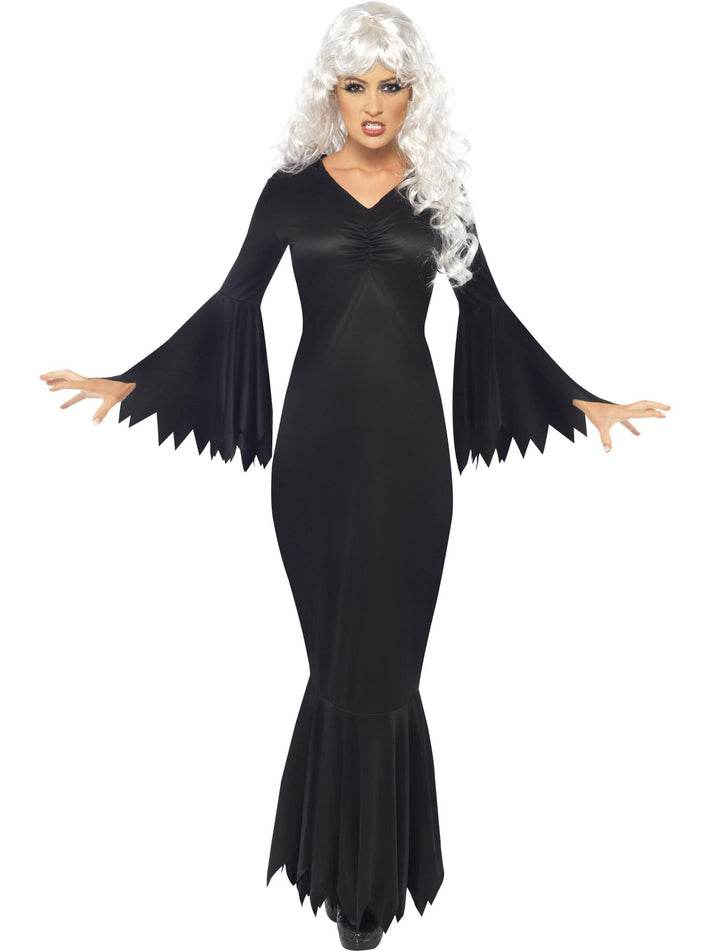 Midnight Vamp Costume Ladies Long Black Dress with Ragged Sleeves and Bottom Trim 1
