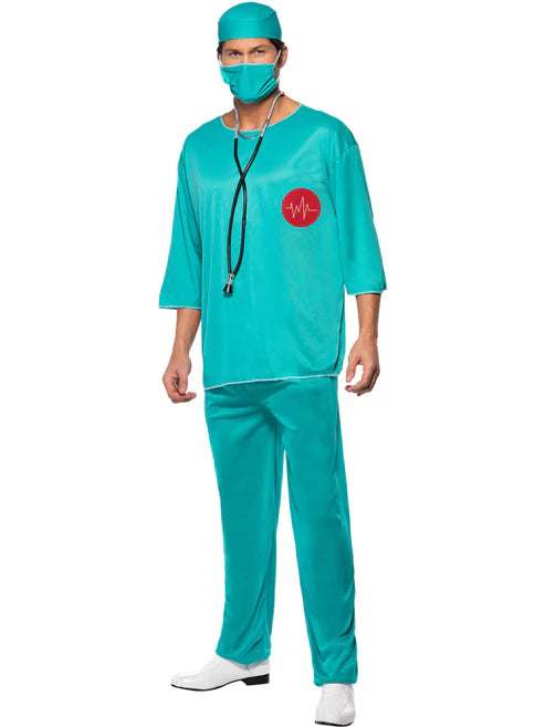 Surgeon Costume Adult Green Hospital Scrubs Tunic Trousers Cap Mask 1