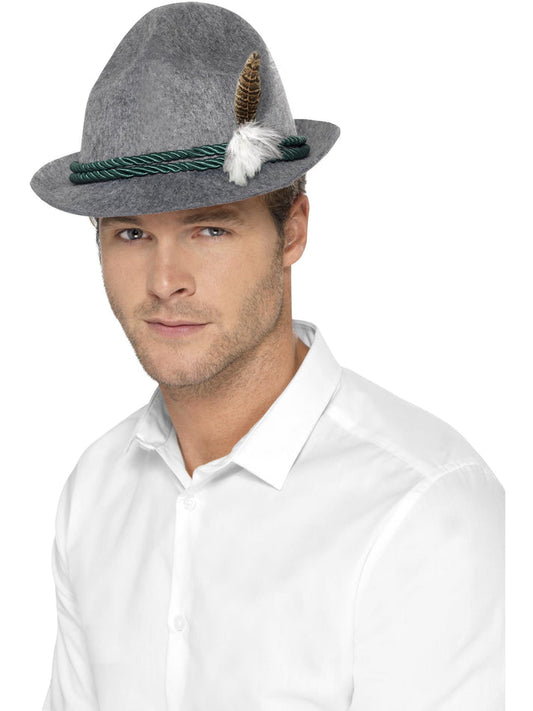 German Trenker Hat Grey with Feather Green Braiding Adult Costume Accessory 2