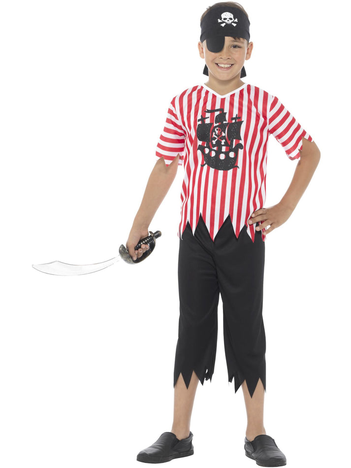 Jolly Pirate Boy Costume Kids Red Whte Top Black Trousers Bandana and Eyepatch 1