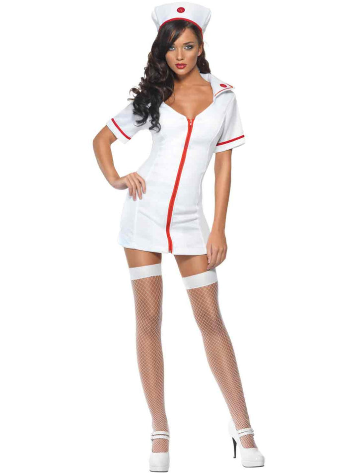 Fever No Nonsense Nurse Costume Adult White Red Dress and Hat