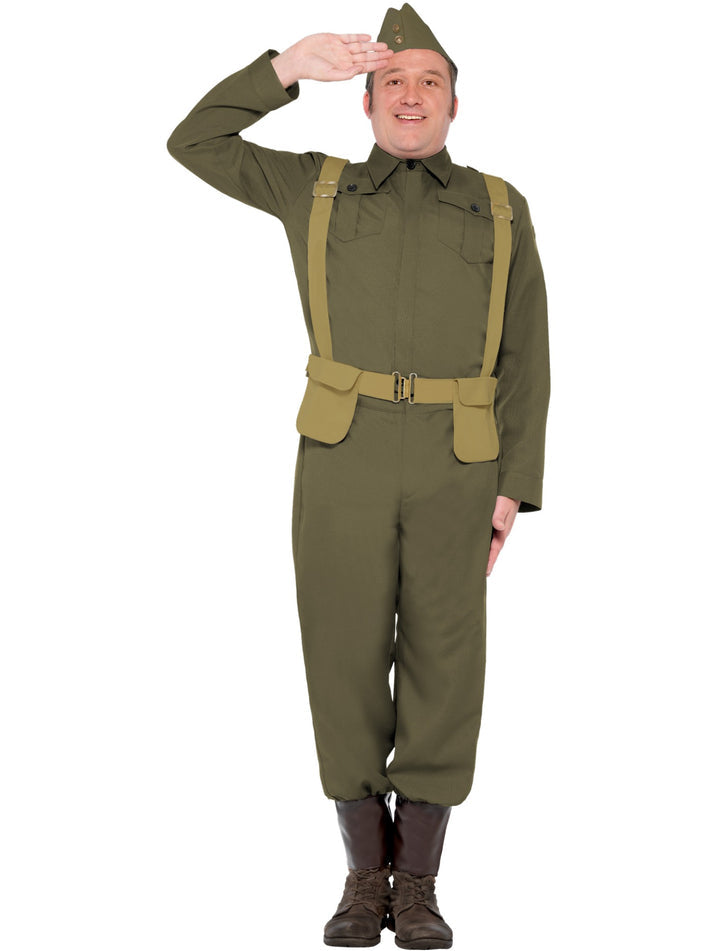 WW2 Home Guard Private Costume Adult Green Trousers Ankle Covers Jacket Hat and Harness Belt 1