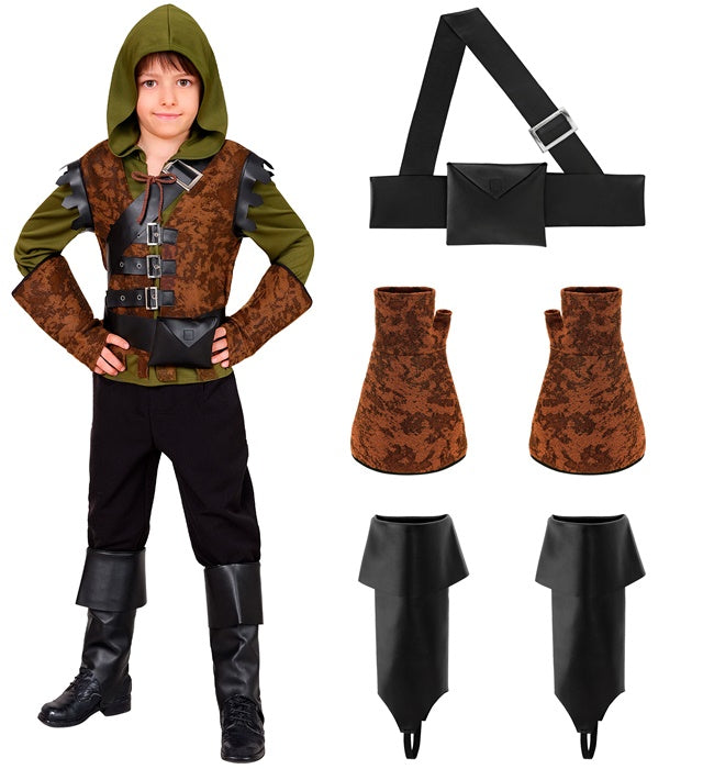 Robin Of Sherwood  Hooded Shirt With Vest, Belt Sash, Belt With Pouch, Gloves, Boot Tops 