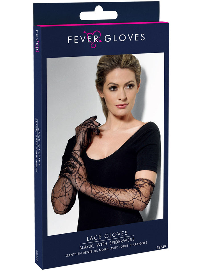 Lace Gloves Long Black With Spider Web Design Adult Costume Accessory 3