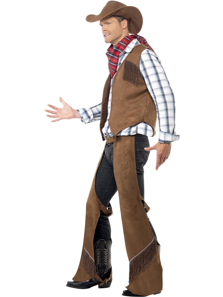 Fringe Cowboy Costume Adult Brown Waistcoat Chaps Hat and Red Neckerchief 3