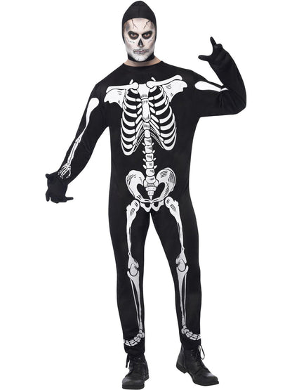Skeleton Costume Adult Black White Jumpsuit Hood and Gloves 2