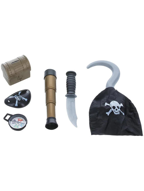 Pirate Set with Compass Plastic Hook Knife Eyepatch Telescope Chest Costume Accessory
