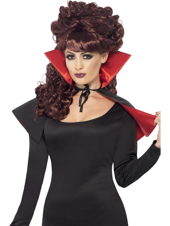 Mini Vamp Cape Adult Red and Black with High Collar Halloween Costume Accessory