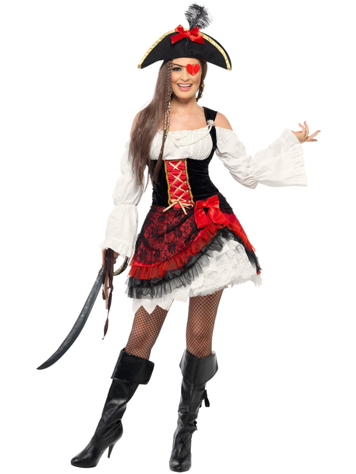 Adult Glamorous Lady Pirate Costume White Black Red Dress Hat