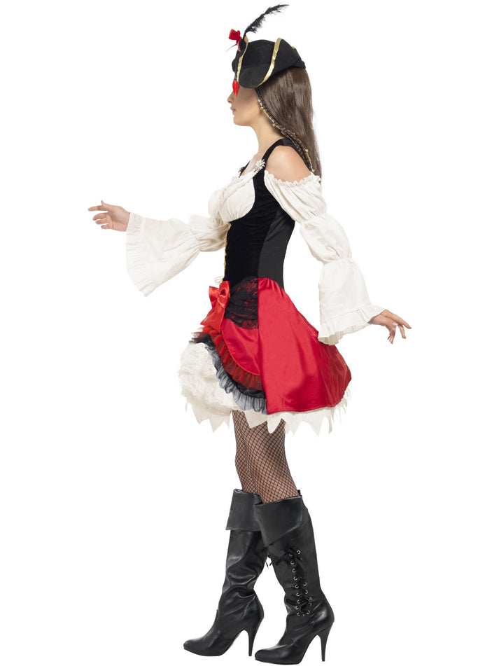 Adult Glamorous Lady Pirate Costume White Black Red Dress Hat