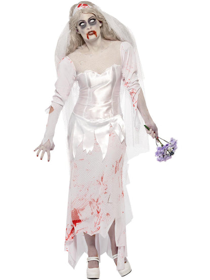Till Death Do Us Part Zombie Bride Costume Adult White Dress Veil and Bouquet 4