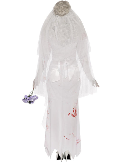 Till Death Do Us Part Zombie Bride Costume Adult White Dress Veil and Bouquet 3